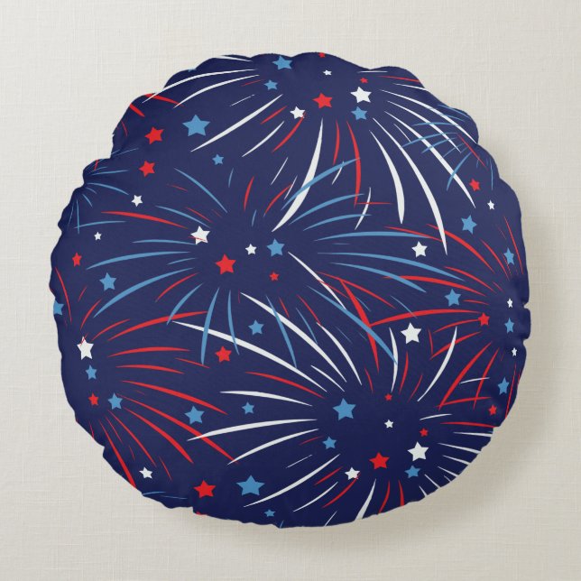 Red White Blue Fireworks Stars Round Pillow (Front)