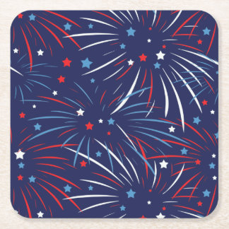 Red White Blue Fireworks Stars Square Paper Coaster