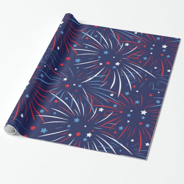 Red White Blue Fireworks Stars Wrapping Paper (Unrolled)
