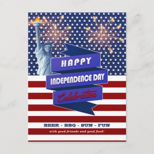 Red White Blue Flag 4th Of July Party Invitation Postcard