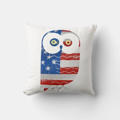 Red White Blue Flag Owl on White background Throw Pillow