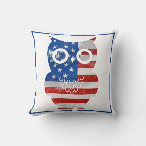 Red White Blue Flag Owl on White background Throw Pillow
