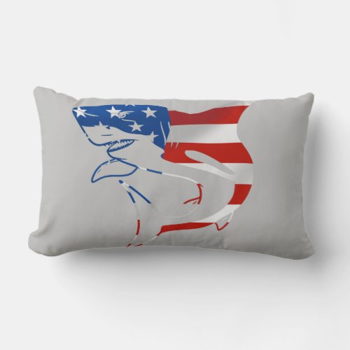 Red White Blue Flag Shark on gray background Lumbar Pillow