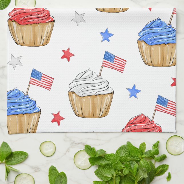 Red White Blue Flag Star Cupcakes Patriotic Kitchen Towel (Folded)