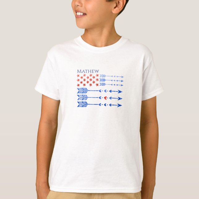 Red, white, blue, flag, stars, arrows, 4th of July T-Shirt (Front)