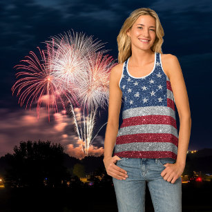 Red White Blue Flag USA Glitter Look   Tank Top