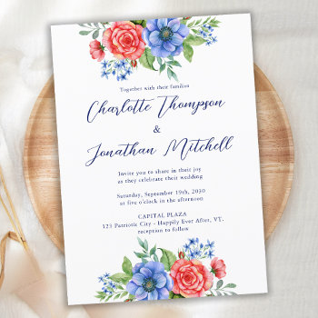 Red White Blue Floral 4th July Patriotic Wedding Invitation by BlackDogArtJudy at Zazzle