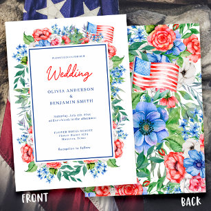 Red White Blue Floral 4th July Patriotic Wedding Invitation