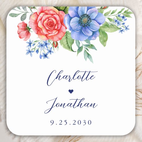 Red White Blue Floral 4th July Patriotic Wedding Square Sticker