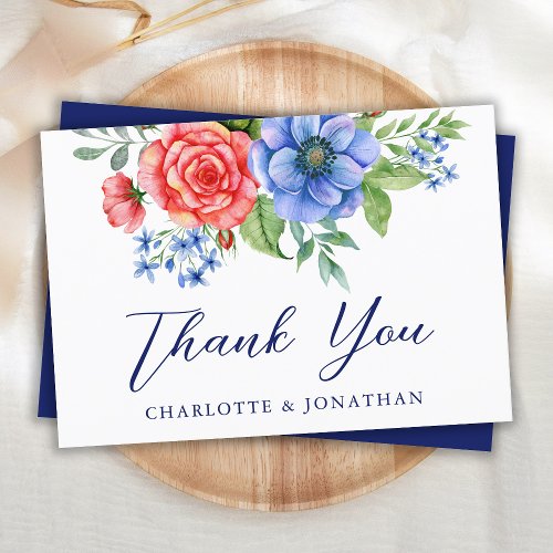 Red White Blue Floral 4th July Patriotic Wedding Thank You Card