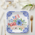 Red, White & Blue Floral American Flag  Paper Plates<br><div class="desc">This paper plate design has a red white and blue color scheme with decorative corners and and beautiful watercolored floral bouquet with an American Flag in the center. You can personalize with a name on the banner.</div>