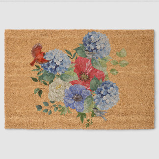 Red/White/Blue Floral Bouquet with Birds Fiber Doormat
