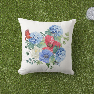 Red/White/Blue Floral Bouquet with Birds Outdoor Pillow