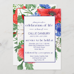 Red White Blue Floral Funeral Celebration of Life Invitation