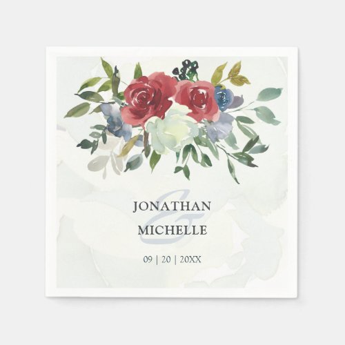 Red White Blue Floral Greenery Watercolor Wedding Napkins