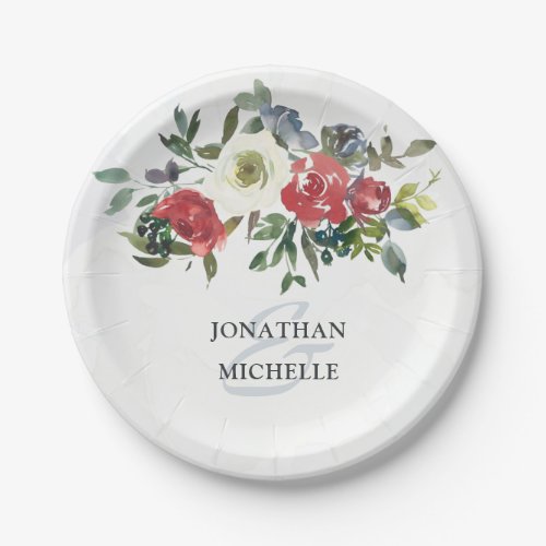 Red White Blue Floral Greenery Watercolor Wedding Paper Plates