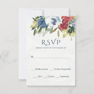 Red White Blue Floral Greenery Watercolor Wedding RSVP Card