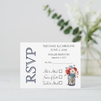 Red White Blue Floral Mason Jar Wedding Rsvp Invitation Postcard by My_Wedding_Bliss at Zazzle