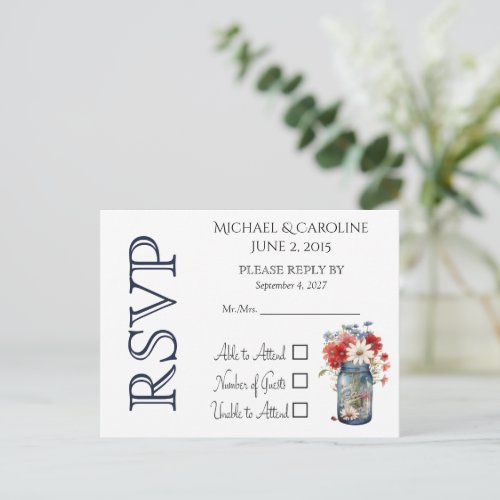 Red White Blue Floral Mason Jar Wedding RSVP Invitation Postcard