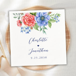 Red White Blue Floral Monogram Patriotic Wedding Napkins