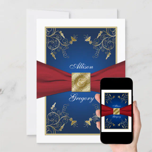 Red White Blue Floral Monogram Wedding Invitation (Downloadable)