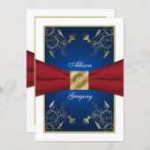 Red White Blue Floral Monogram Wedding Invitation (Front/Back)