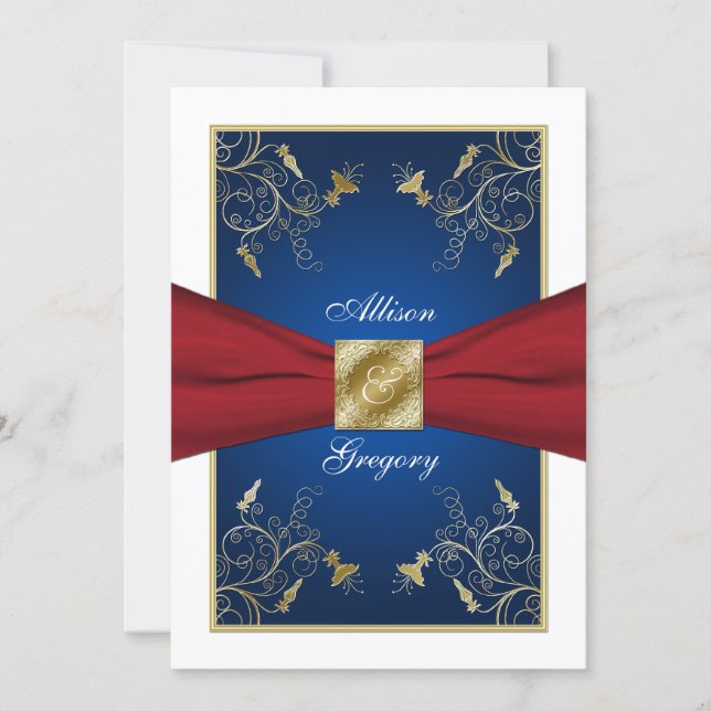 Red White Blue Floral Monogram Wedding Invitation (Front)