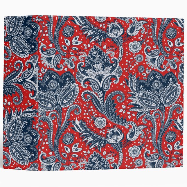 Red White & Blue Floral Paisley Bohemian Boho 3 Ring Binder (Front/Spine)