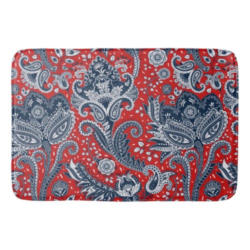 Red White  Blue Floral Paisley Bohemian Boho Bath Mat