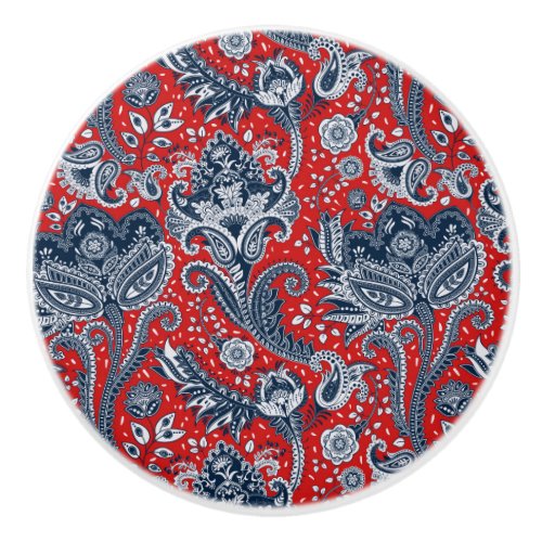 Red White  Blue Floral Paisley Bohemian Boho Ceramic Knob