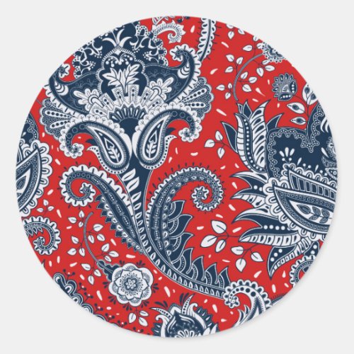 Red White  Blue Floral Paisley Bohemian Boho Classic Round Sticker