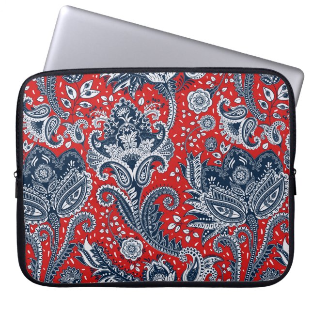 Red White & Blue Floral Paisley Bohemian Boho Laptop Sleeve (Front)