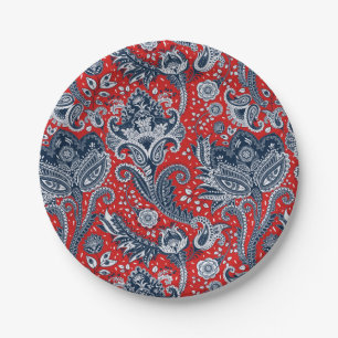Red White & Blue Floral Paisley Bohemian Boho Paper Plates