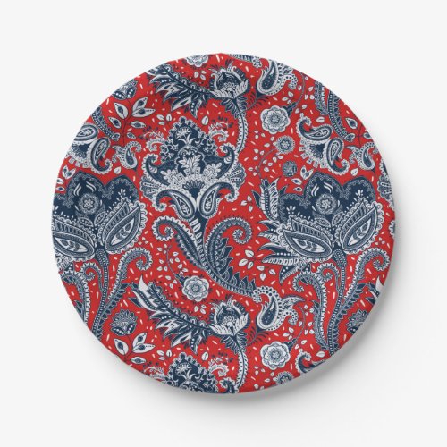 Red White  Blue Floral Paisley Bohemian Boho Paper Plates