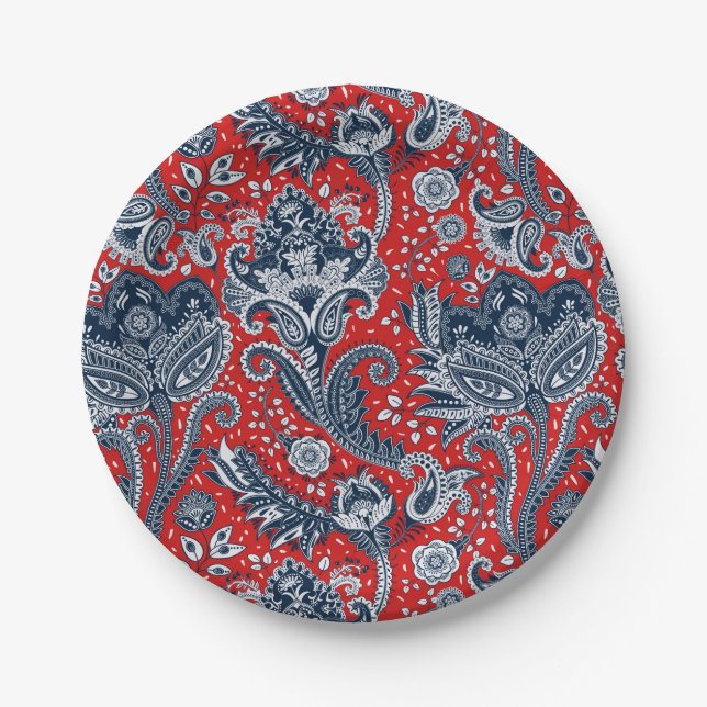 Red White & Blue Floral Paisley Bohemian Boho Paper Plates (Front)