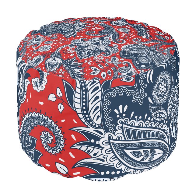 Red White & Blue Floral Paisley Bohemian Boho Pouf (Angled Front)