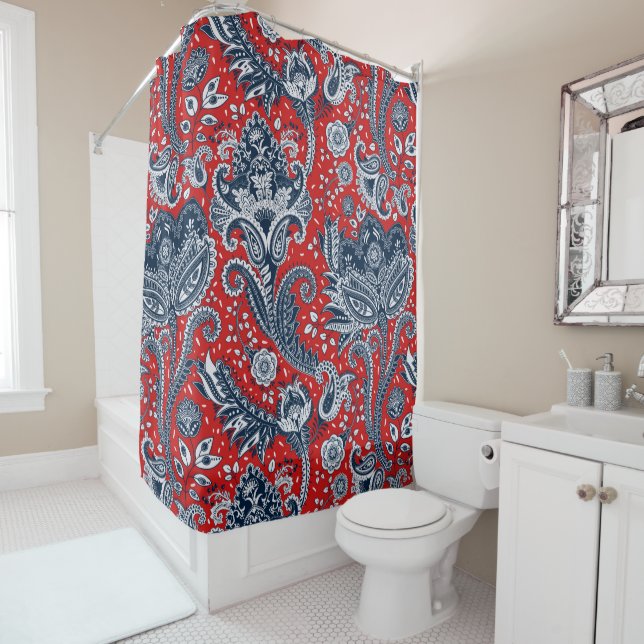 Red White & Blue Floral Paisley Bohemian Boho Shower Curtain (In Situ)
