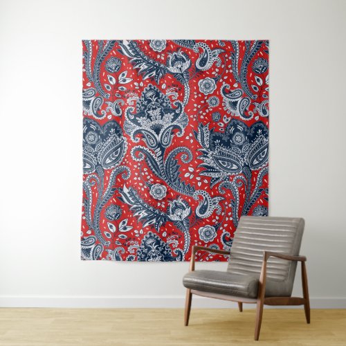 Red White  Blue Floral Paisley Bohemian Boho Tapestry