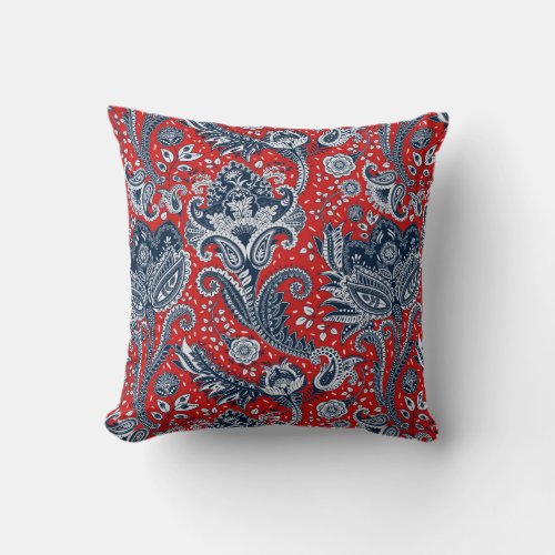 Red White  Blue Floral Paisley Bohemian Boho Throw Pillow