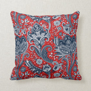 Red White & Blue Floral Paisley Bohemian Boho Throw Pillow