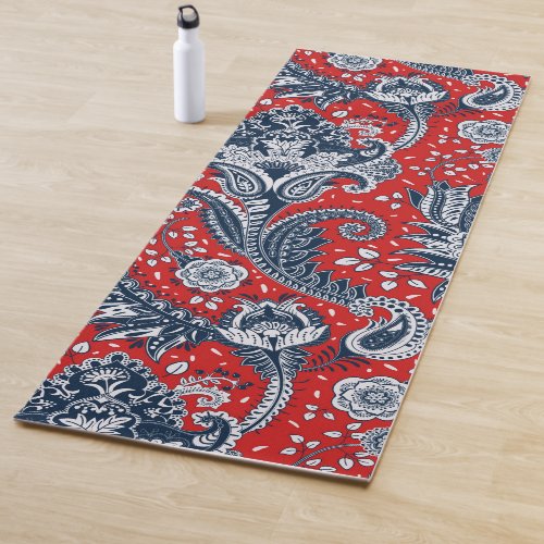 Red White  Blue Floral Paisley Bohemian Boho Yoga Mat