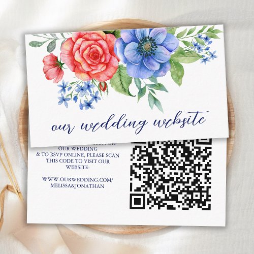 Red White Blue Floral Patriotic Wedding QR Code Enclosure Card