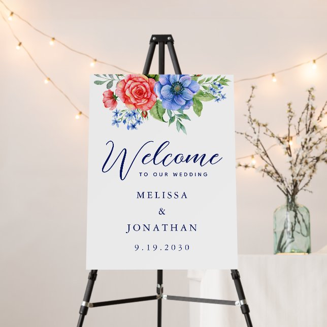 Red White Blue Floral Patriotic Wedding Welcome Foam Board (In Situ (Stand))
