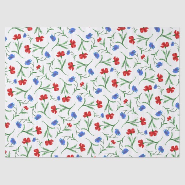 Red White Blue Floral Pattern Elegant Wildflowers Tissue Paper (Front)