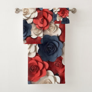 Red White Blue Floral Pattern Flower Garden Bath Bath Towel Set