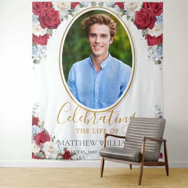 Red White Blue Floral Picture Funeral Memorial Tapestry (In Situ)
