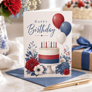 Red White Blue Floral Summer July Happy Birthday Card