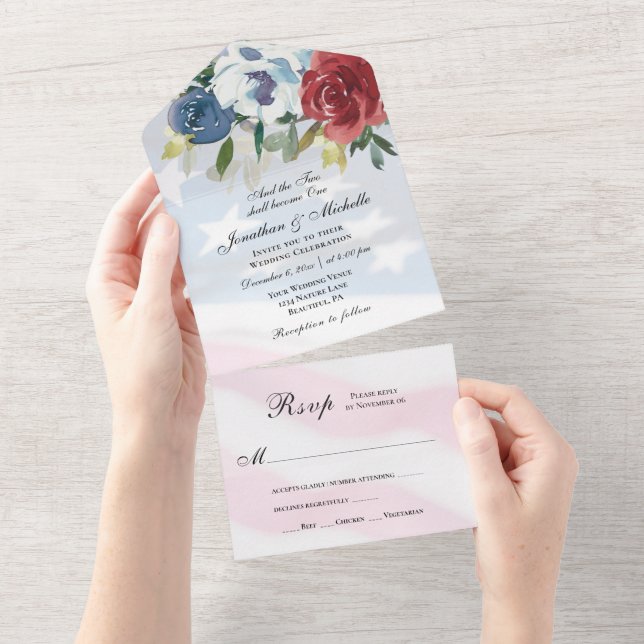 Red White Blue Floral USA Flag Christian Wedding All In One Invitation (Tearaway)