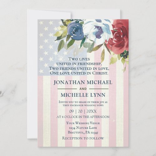 Red White Blue Floral USA Flag Christian Wedding Invitation