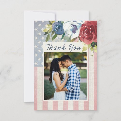 Red White Blue Floral USA Flag Photo Thank You Card
